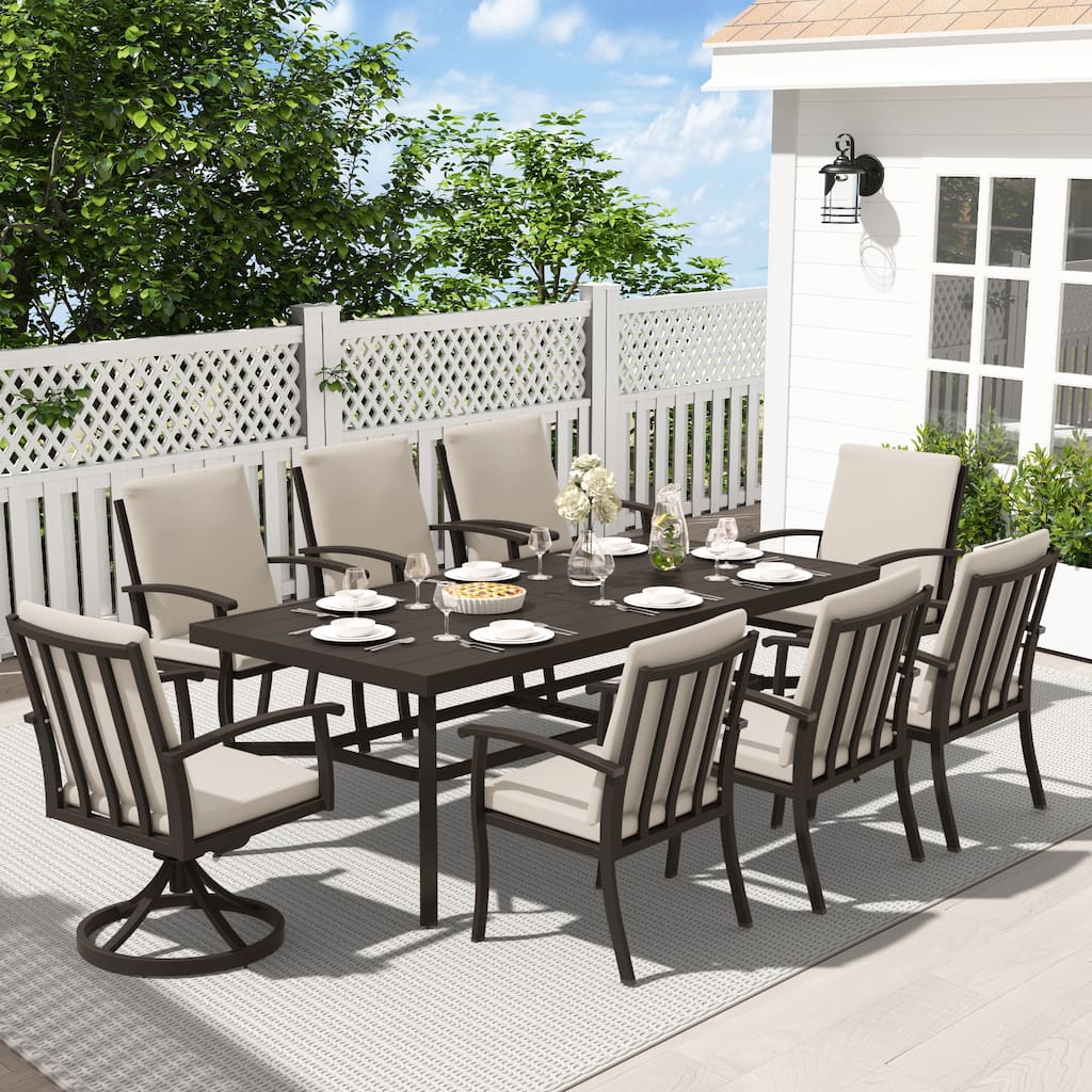 EGEIROS LIFE AluLux 9-Piece Aluminum Patio Dining Set with 2 Swivel Dining Chairs, 6 Dining Chairs and Washable Cushions
