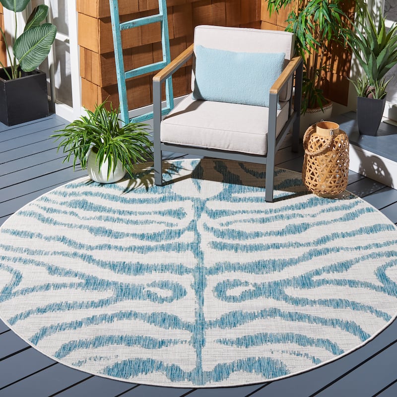 SAFAVIEH Courtyard Kalyonka Indoor/ Outdoor Waterproof Patio Backyard Rug - 6'7" Round - Ivory/Aqua
