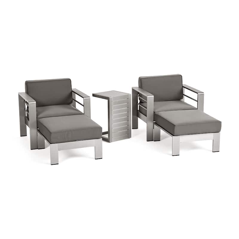 Cape Coral Outdoor 2-Seater Aluminum Club Chair Chat Set with Ottomans and Side Table by Christopher Knight Home - silver + khaki cushion
