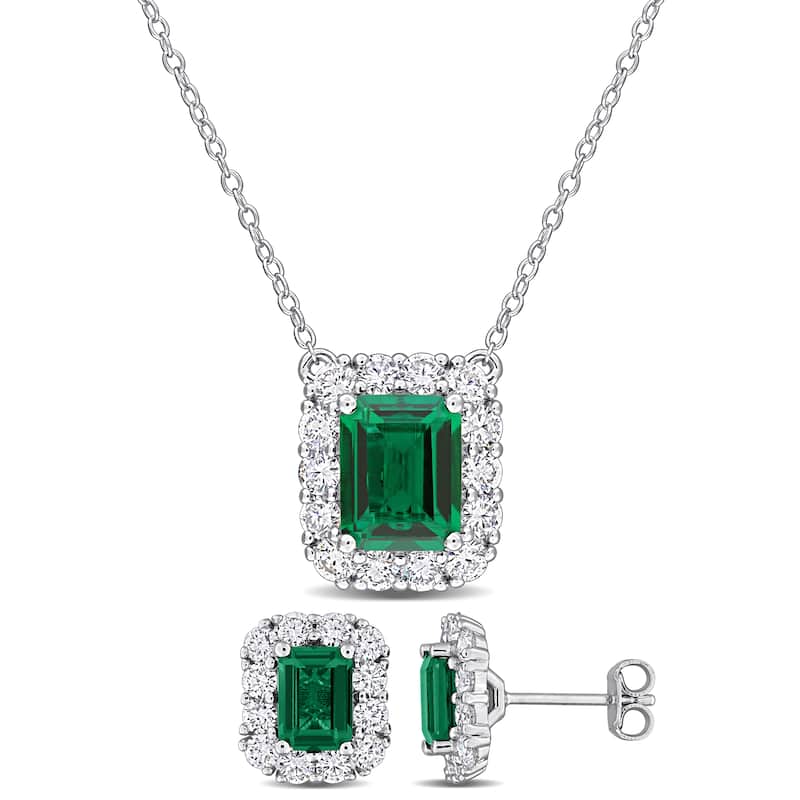 Miadora Sterling Silver Gemstone Halo Necklace and Earrings Set - Green
