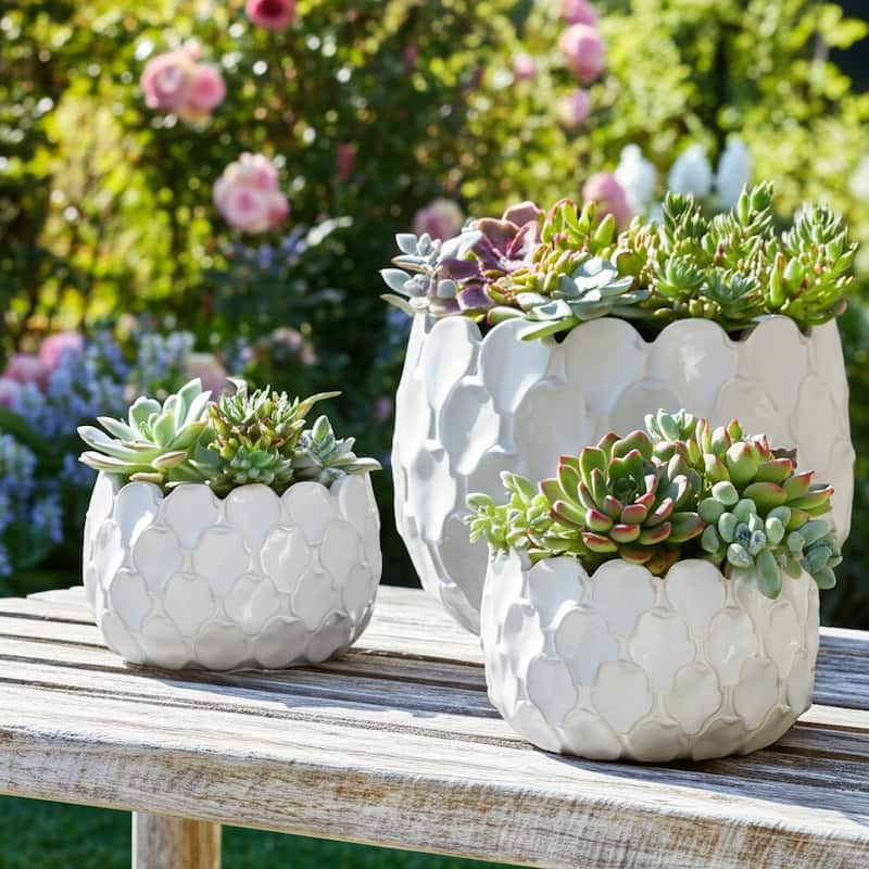 Stoneware Planters Textured Quatrefoil (Set of 3) - 11", 9", 7" White - 15" x 15" x 11"