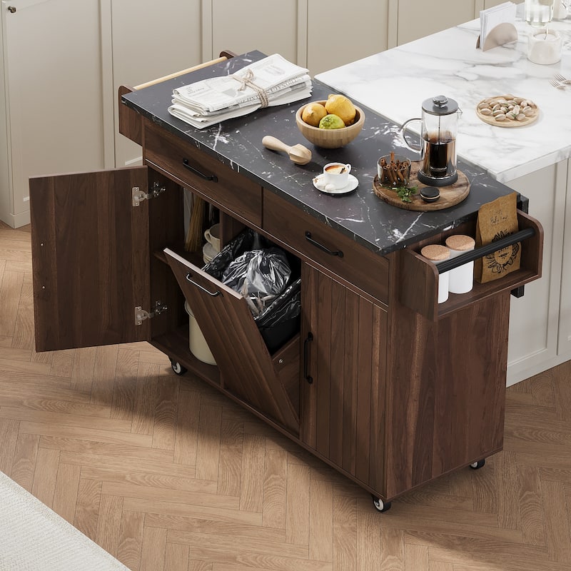 Kitchen Island with Trash Can Storage Cabinet, Adjustable Shelf, Drop Leaf, Spice Rack, Towel Rack & Drawer - Walnut Brown