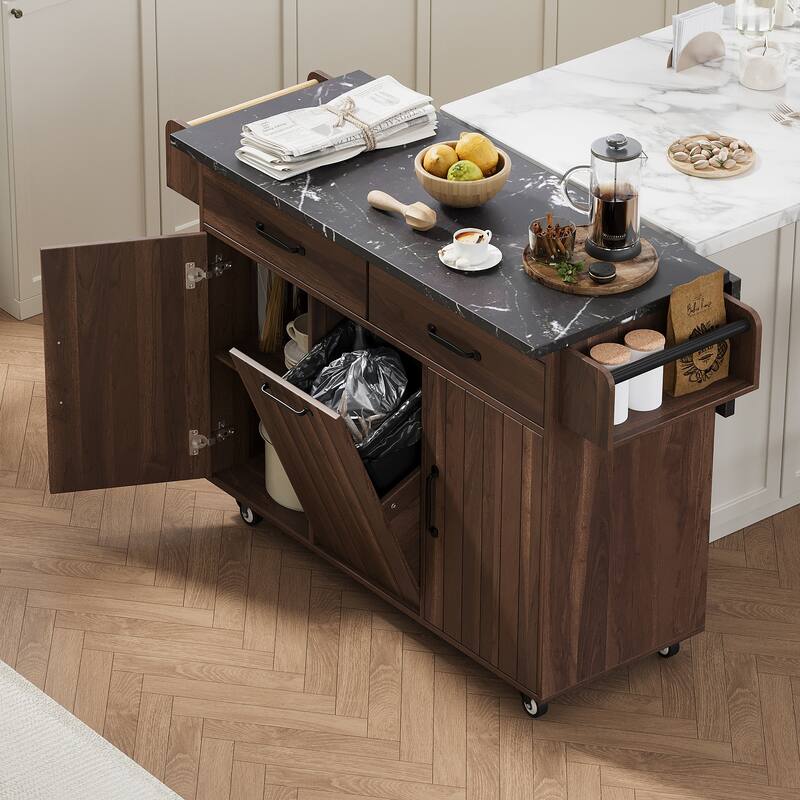 Rolling Kitchen Island wTrash Can Storage Cabinet & Adjustable Shelf, Wood Cupboard Spice Storage Cabinet wDrop Leaf, Towel Rack