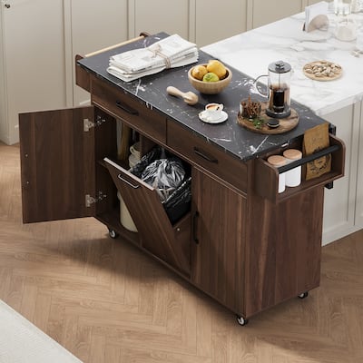 Storage Kitchen Island with Trash Can Storage Cabinet, Kitchen Cart with Drop Leaf, Rolling Kitchen Island on Wheels