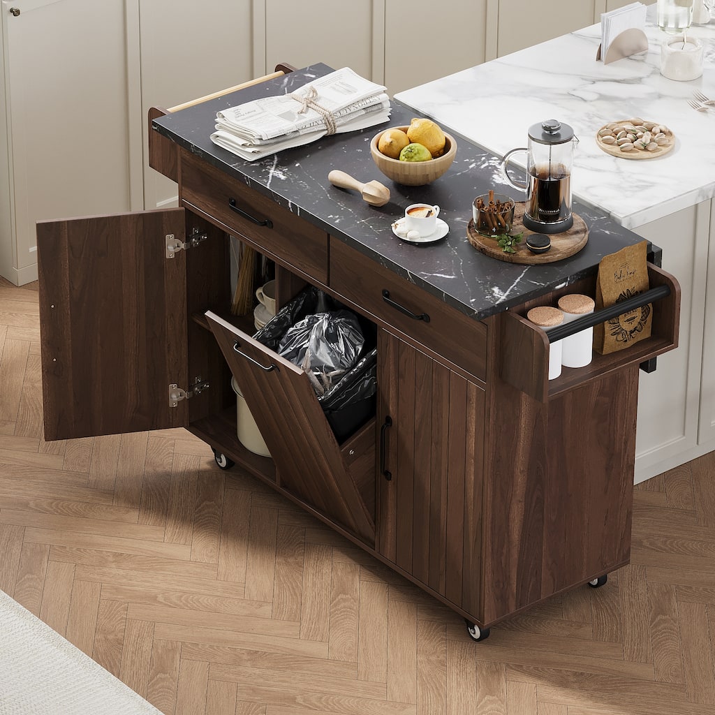 Storage Kitchen Island with Trash Can Storage Cabinet, Kitchen Cart with Drop Leaf, Rolling Kitchen Island on Wheels