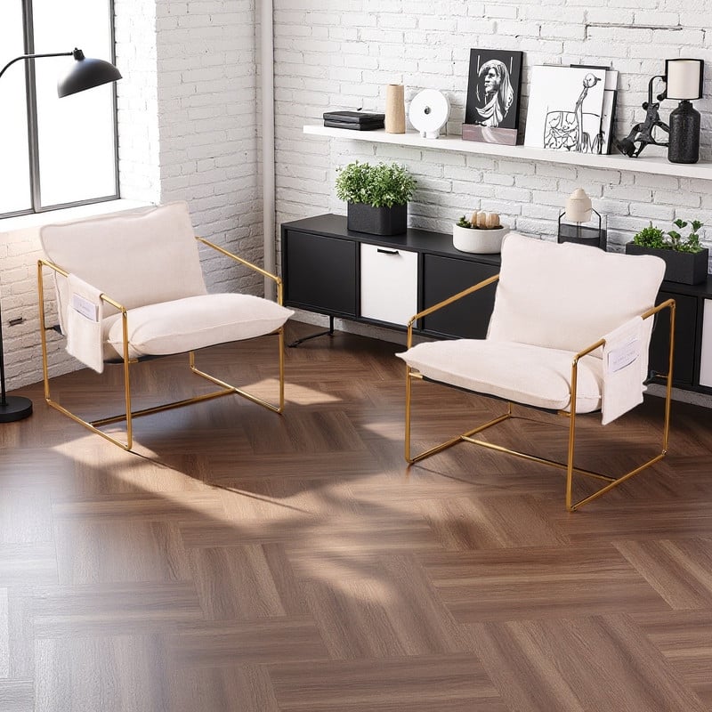 Woven Velvet Armchairs (2-Pack) Gold-Plated Metal Frame with Crushed Foam Cushions and Arm Pockets, 350lb Capacity