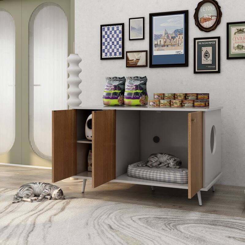 Cat Litter Box with Hidden Plug 3 Doors Bench Side Table Cat House
