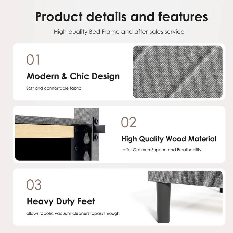 GDFStudio Modern Upholstered Grey Platform Bed Frame