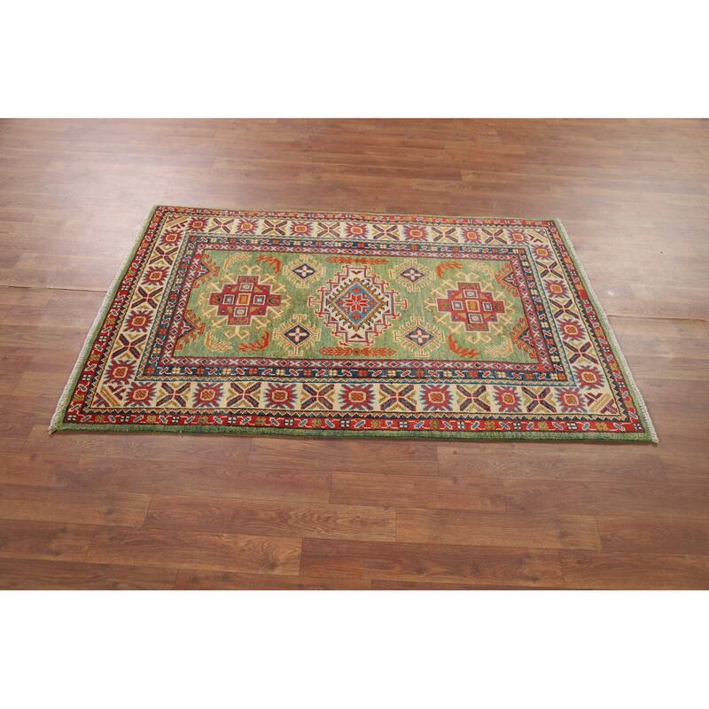 Light Green Kazak Oriental Accent Rug Handmade Wool Carpet - 3'2" x 4'11"
