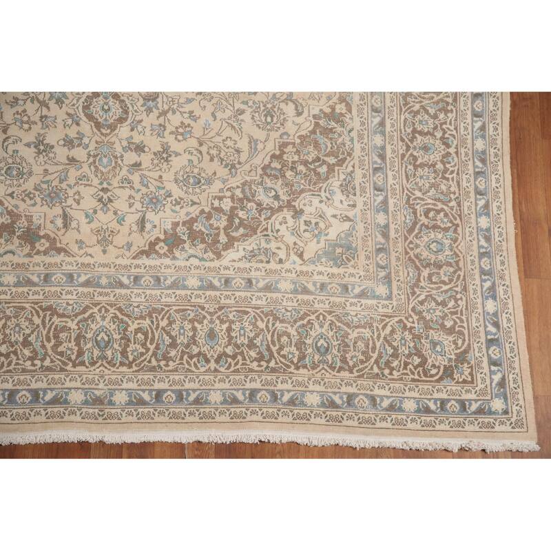 Hand Knotted Oriental 100% Wool Carpet Traditional Floral Beige & Ivories Mashad Area Rug - 11' 1'' X 8' 1''