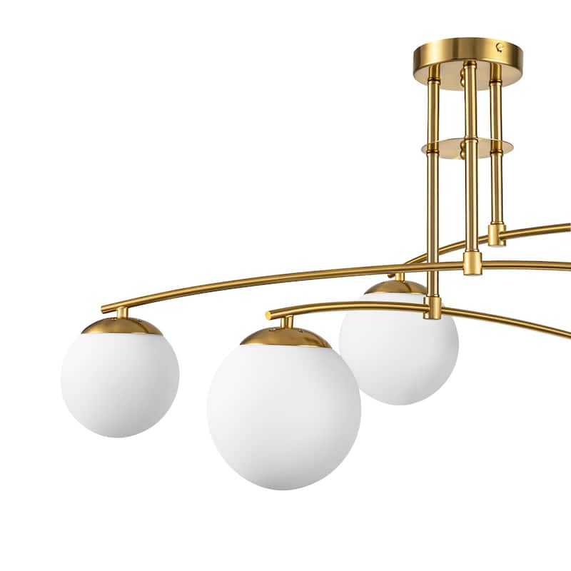 6-Light Modern Sputnik Linear Opal Frosted Glass Globe Bubble Semi-Flush Mount Light - Gold