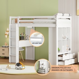 Multi-Function Twin Loft Bed with Storage Shelves and Drawers, Wood Loft Bed Frame with Built-in Writing Desk