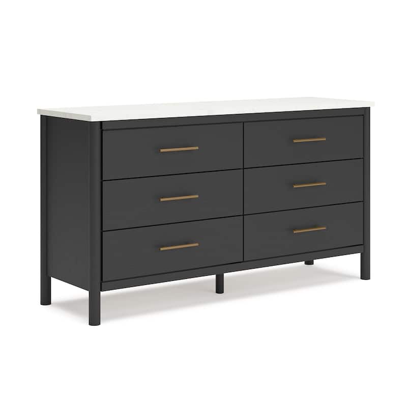 Mooran Wide Dresser, 6 Drawers, Marble Finish Top, Black Laminate