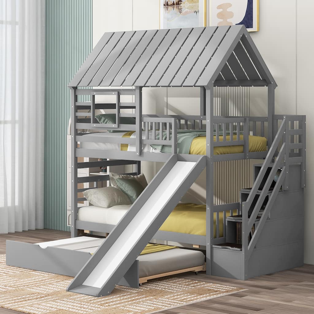 GDFStudio - Twin over Twin House Bunk Bed with Trundle, Slide & Storage Staircase