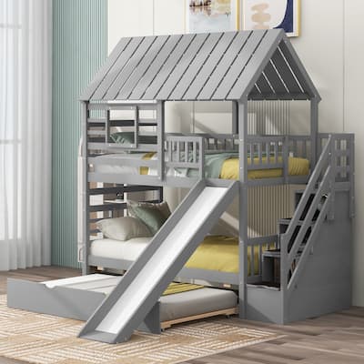 Kids Twin/Twin House Bunk Bed with Trundle and Slide, Storage Staircase, and Fun Roof & Window - Grey/White