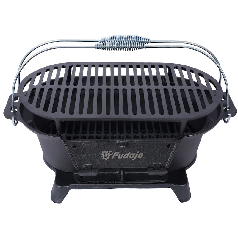 Anmytek Oval Cast Iron Hibachi Grill Portable Charcoal BBQ for Camping and Outdoor Cooking