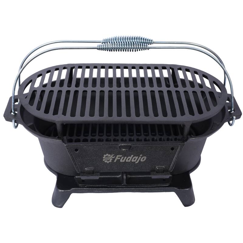Oval Cast Iron Outdoor Grill Portable Small Charcoal Grill with Tabletop Cast Iron Frying Pan Enamel, for Camping Cooking