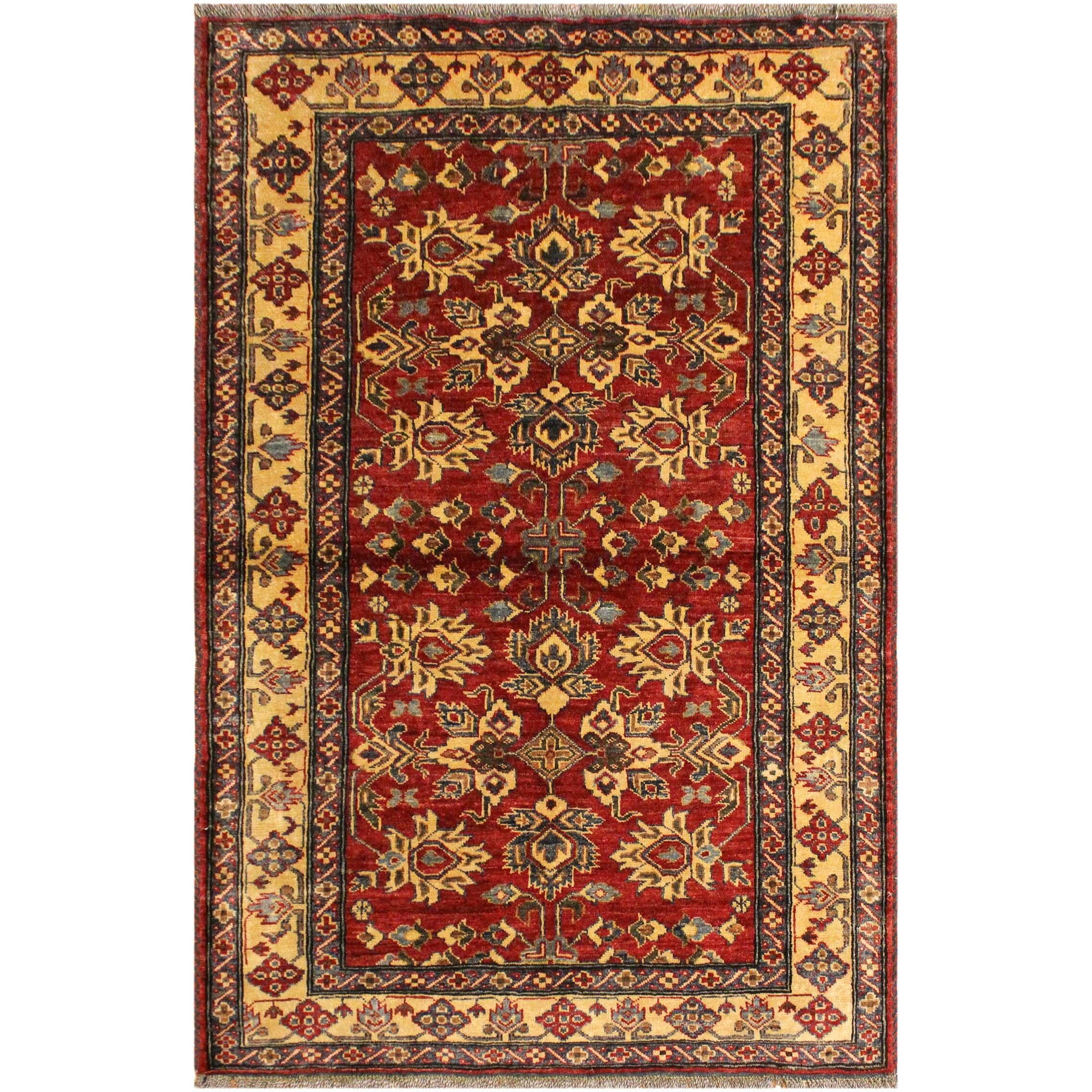 Tribal Super Kazak Bodhi Red/Gold Hand Knotted Wool Rug - 4'1'' x 5'5''