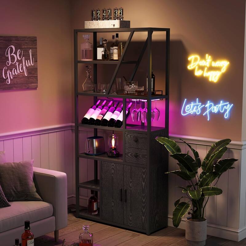 Farmhouse Bar Cabinet with Wine Rack,Bakers Rack with Power Outlet and LED Light