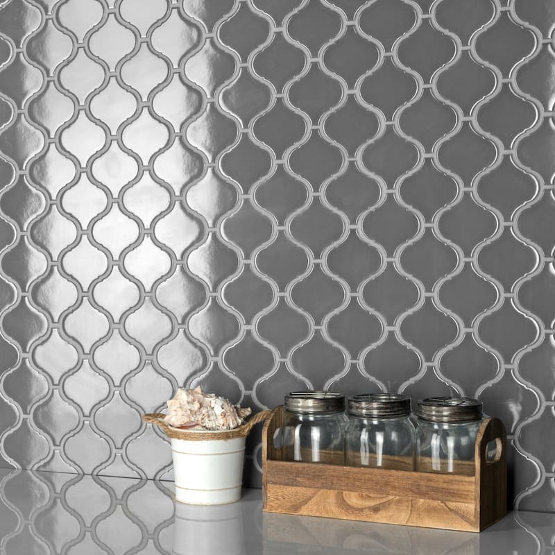 Merola Tile Metro Lantern Glossy Dark Grey 9-1/2" x 10-3/4" Porcelain Mosaic Floor and Wall Tile