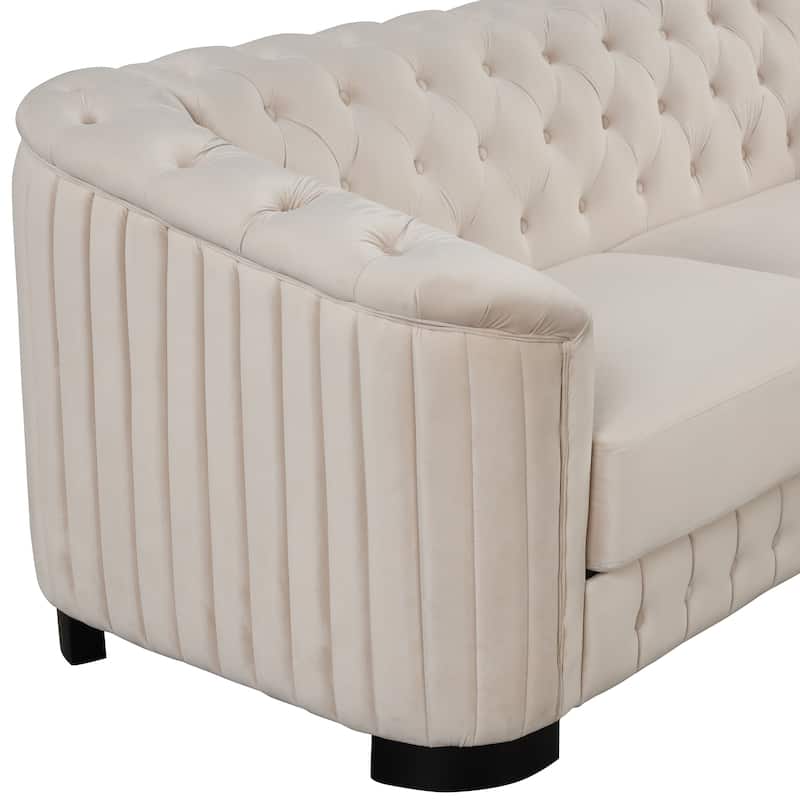 82.4" Beige Velvet 3 Seater Sofa with Rubber Wood Legs