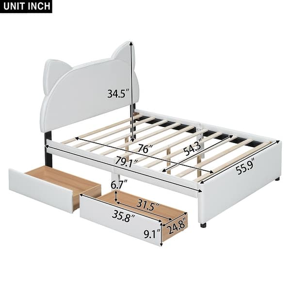 slide 2 of 7, Full Size Upholstered Platform Bed with Cartoon Ears Shaped Headboard and 2 Drawers, White White - Full