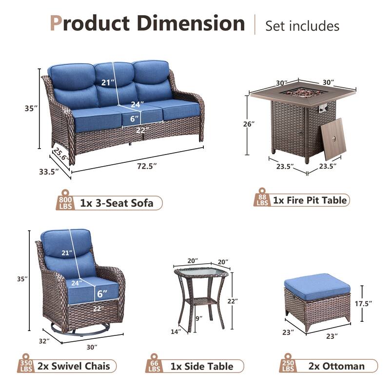 Pocassy 7 Pieces Outdoor 6" Sofa Swivel Chair Ottoman with Fire Pit Table