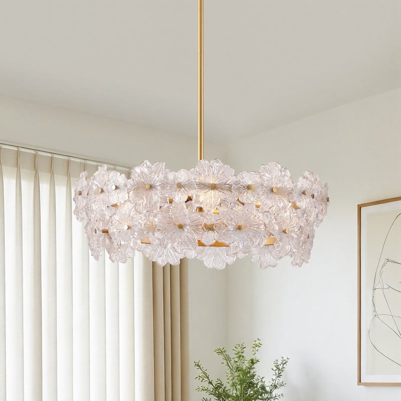 KAWOTI Modern Glam 2-Tier Floral Glass Chandelier Painted Gold - W22.5" x D7.25" X H50.5"