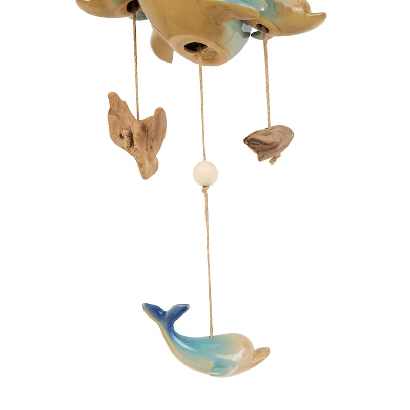 Blue Ceramic Handmade Ombre Whale Windchime with Driftwood and Bead Accents