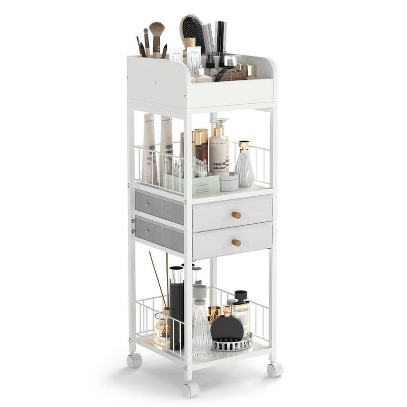 White Rolling Makeup Organizer with Drawers and Shelves Metal Vanity Storage Cart with Wheels - 12" x 12" x 35.5"