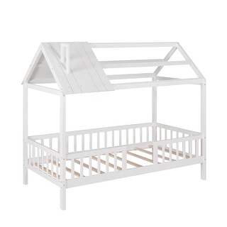 Twin House Bed Wood Platform with Guardrail - Playful Design