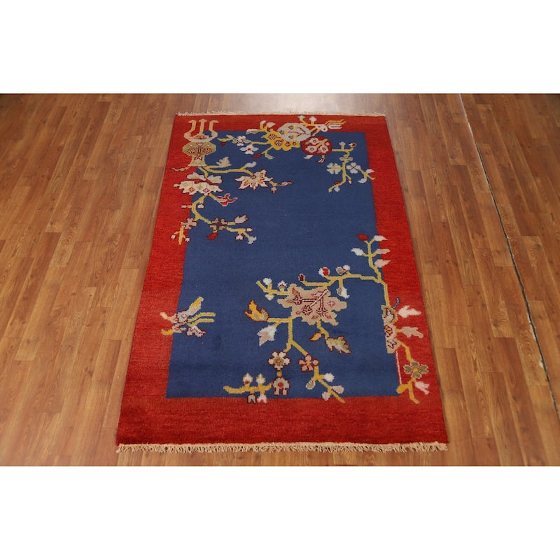 Blue & Red Floral Art Deco Oriental Rug Handmade Wool Carpet - 3'11" x 5'11"
