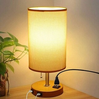 Table Lamp with 2 USB Charging Ports Yellow Nightstand Lamp Pull Chain ...