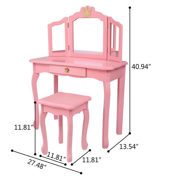 Kids Three-Sided Folding Mirror Dressing Table with Stool