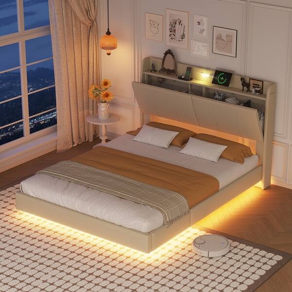 slide 2 of 10, Queen Size Floating Platform Bed with Storage, Night Light and USB Charger Beige