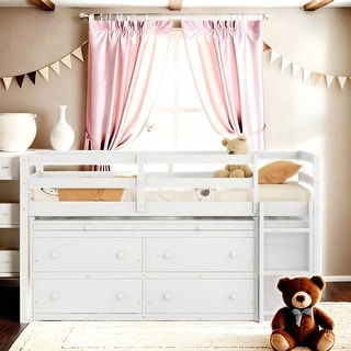 Twin Size Wooden Loft Bed with Lateral Portable Desk and Shelves