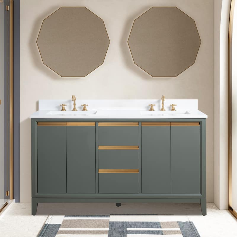 Vanity Art Bathroom Vanity with Ceramic Sink and Engineered Marble Top - 60" (Double Sink) - Vintage Green