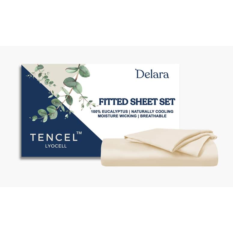Delara 100% Eucalyptus Lyocell Tencel Fitted Sheet & Pillowcases, Naturally Cooling, Moisture-Wicking, Smooth & Breathable