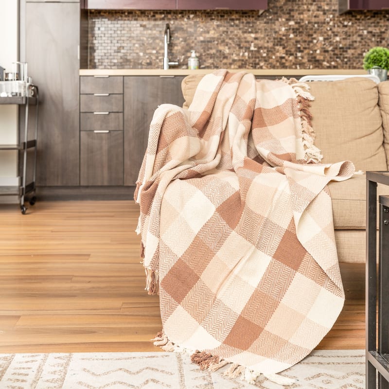 Fabstyles Herringbone Checkered Cotton Throw Blanket with Fringes