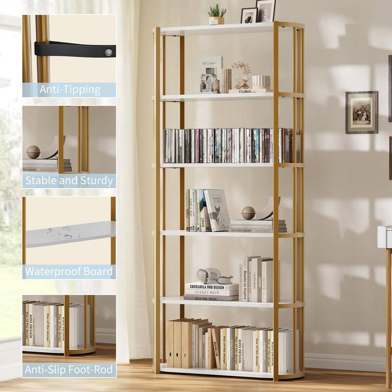 71 Inch Industrial Wooden Bookshelf - 6 Tier Tall Bookcase, Metal Frame Large Storage Shelf