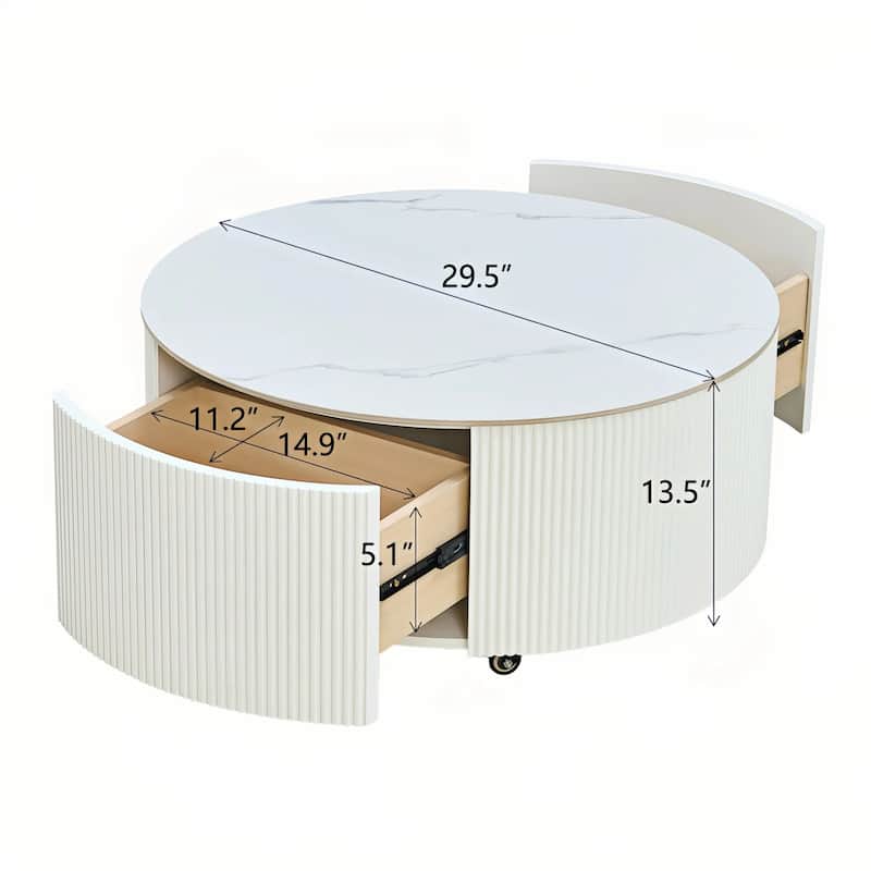 Modern Round Coffee Table with Casters, 2-Drawer Mobile Table with Marble Pattern Sintered Stone Top