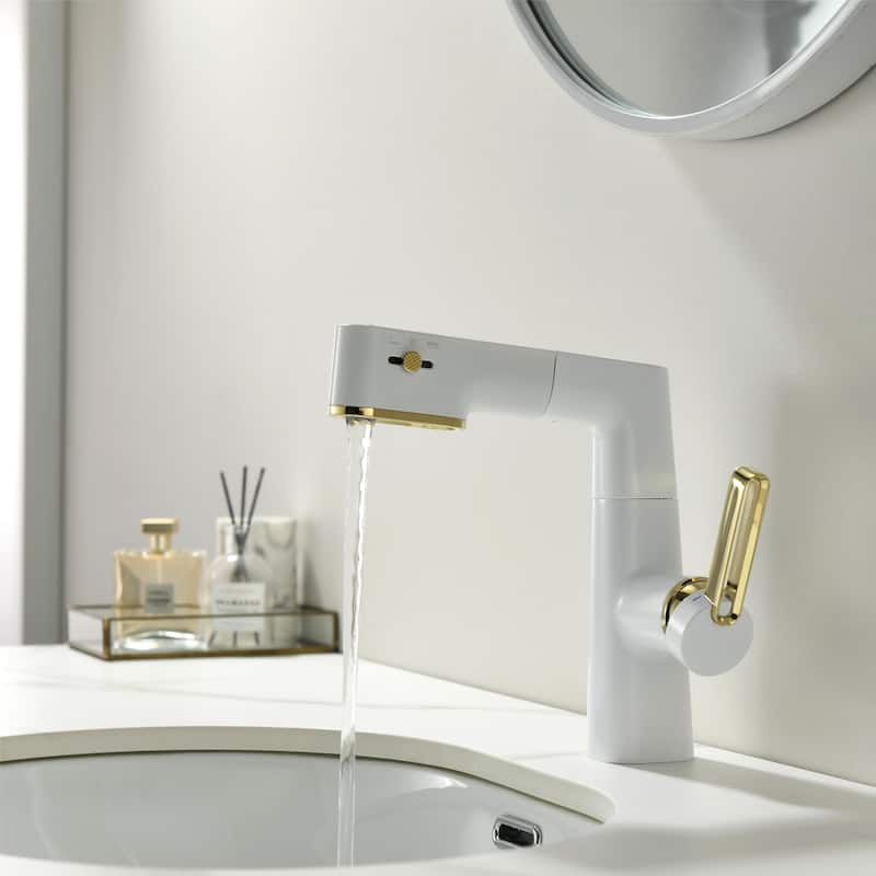 Modland 4-Way LED Pull Out Bathroom 7''-13''H Liftable Faucet Single Hole in White/ Chrome - Whith and Gold