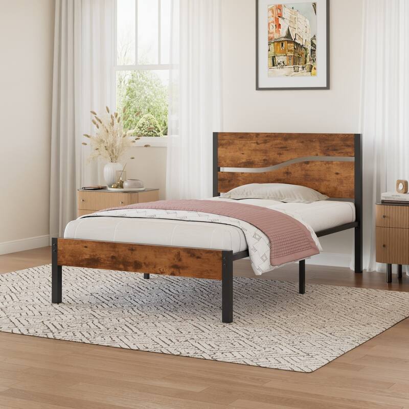 VECELO 2 Pack Twin Size Kids Bed Industrial Platform Bed Frame with MDF Curved Cutout Headboard Twin Size Bed Set of 2