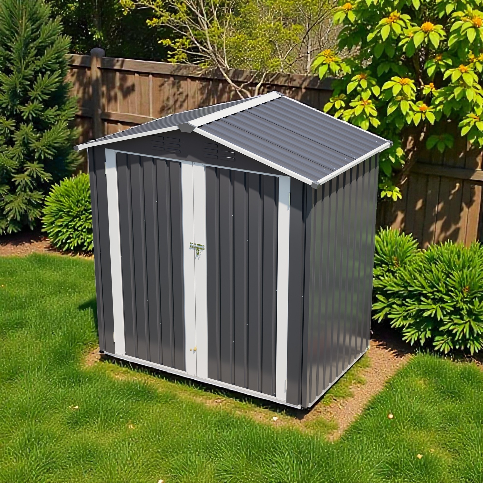 6 x 4 FT Outdoor Metal Storage Shed with Lockable Door, Waterproof Steel Tool Shed for Backyard