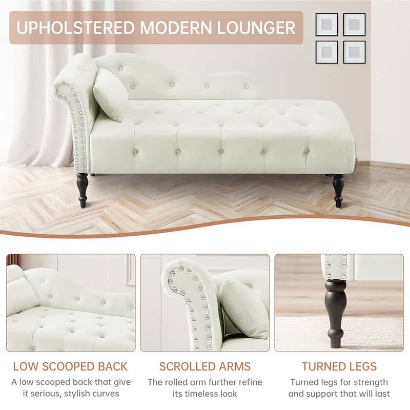 60"W Velvet Chaise Lounge, Tufted with Pillow & Nailhead Decorate - 60.6W" x 27.5D" x 28.3"H
