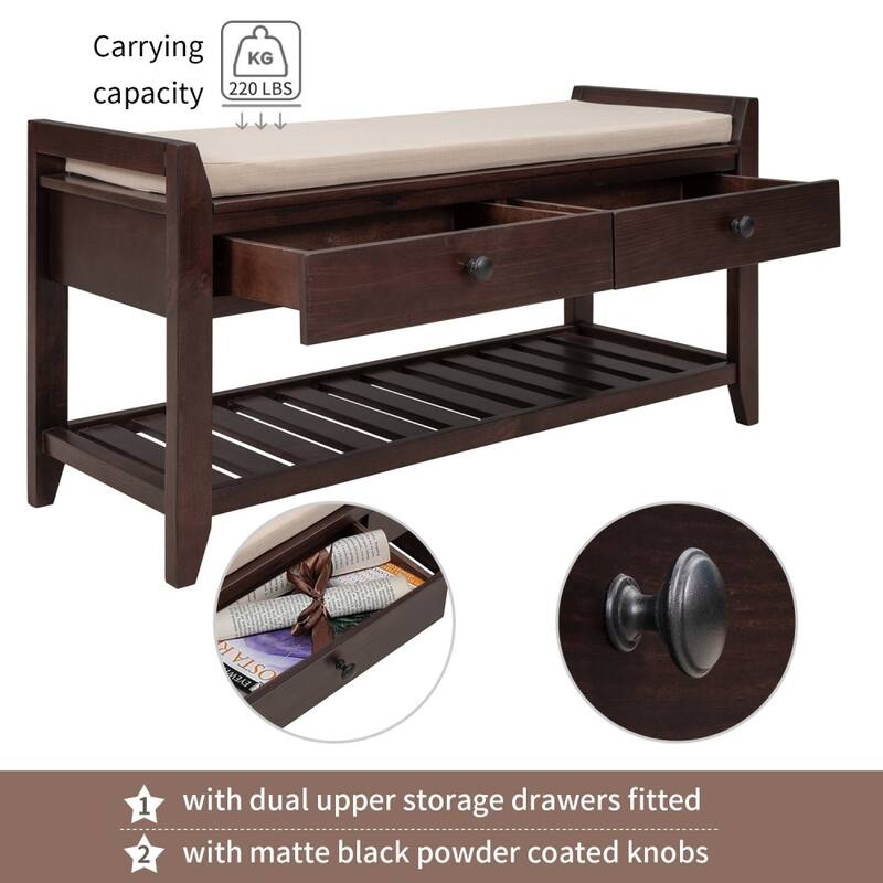 Multipurpose Entryway Storage Bench, Shoe Rack with Cushioned Seat, Drawer