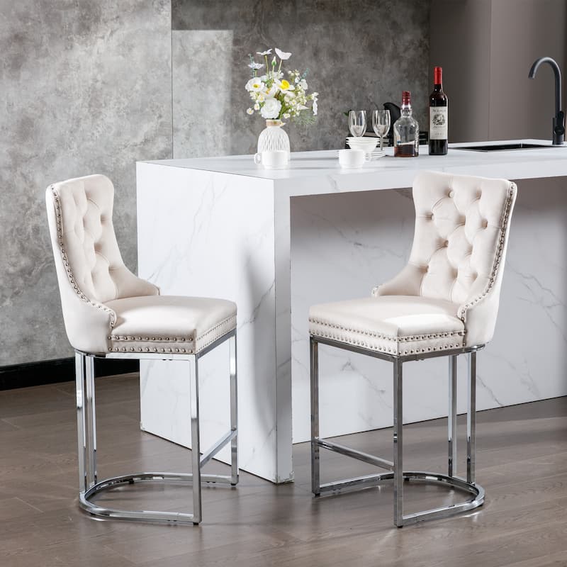 Set of 2 Modern Velvet Barstools with Chromed Metal Base Legs