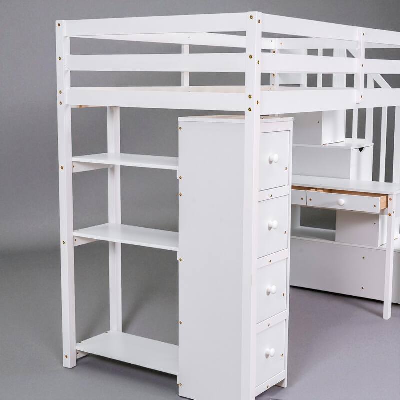 Twin Size Loft Bed with Desk, Storage Drawers, Shelves & Stairs, Wooden Frame for Kids & Teens