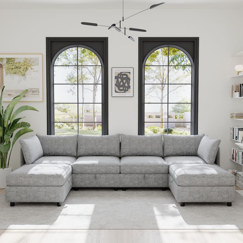 Modular Convertible Storage Sofa, Grey Chenille, 68x94x32 inches, 265 lbs