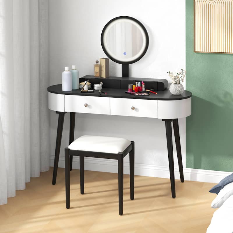 Costway Solid Wood Makeup Vanity Desk Set with LED Lighted Mirror